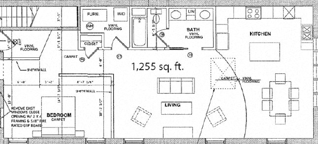 Floor plan for 1 bed, 1 bath, 1255 sqft
